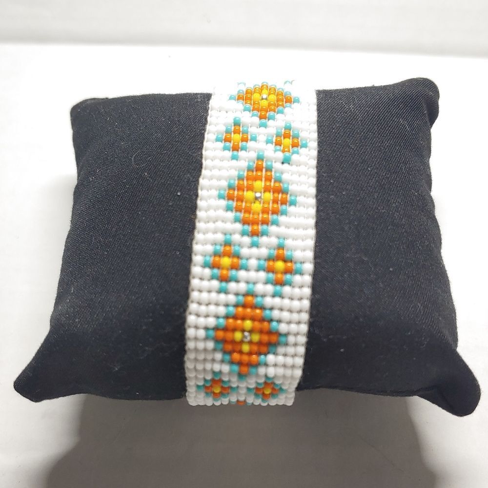 Loom Beaded Bracelet White, Orange and Teal